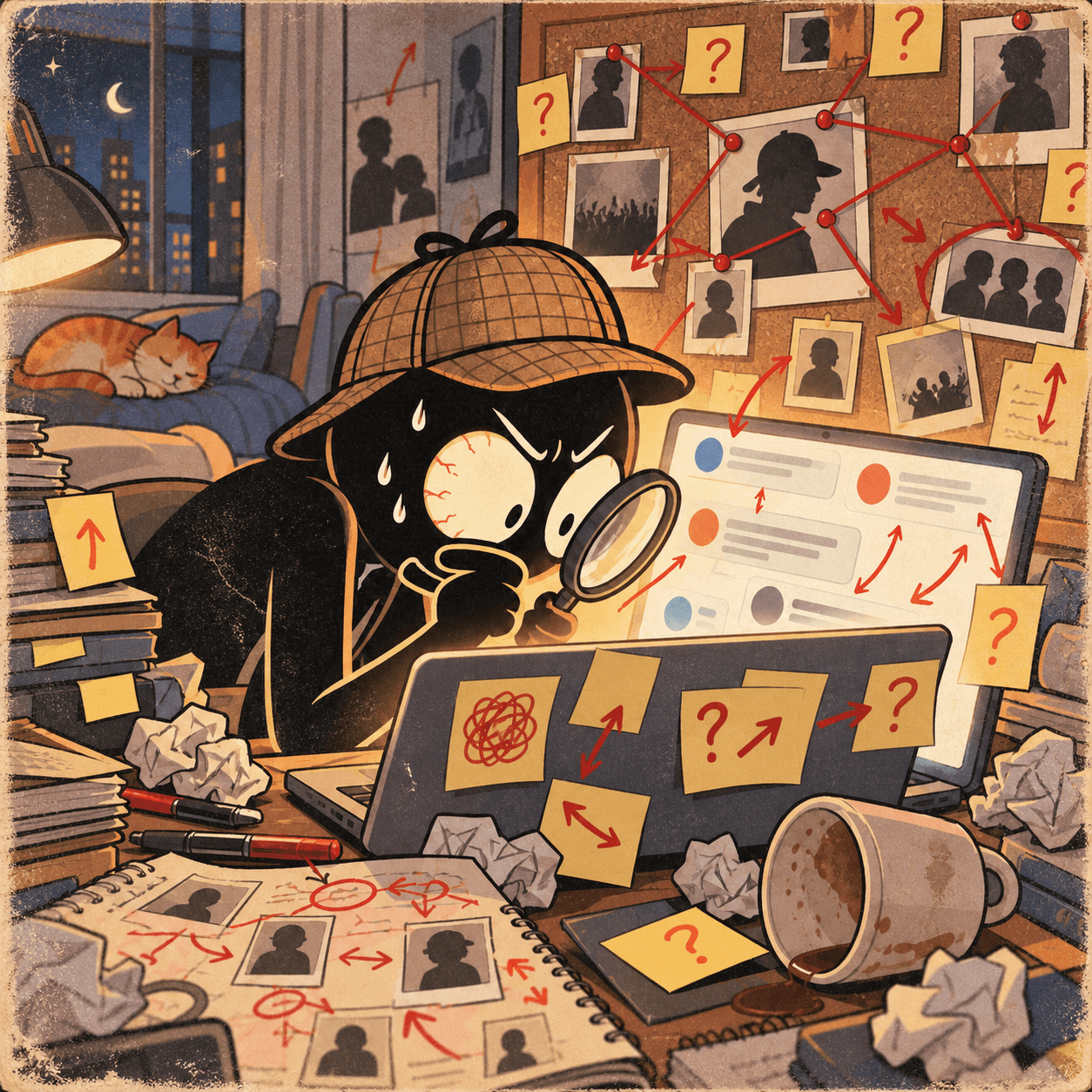 Cartoon meme of an internet detective overthinking social media drama