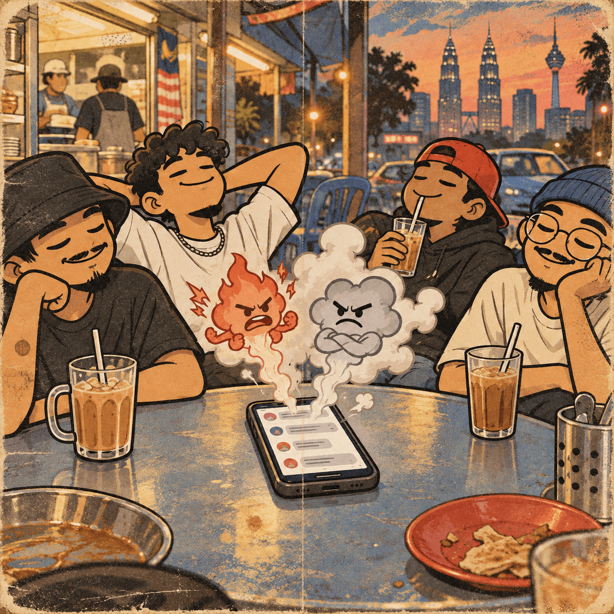 Cartoon meme of friends at a mamak table ignoring online smoke from a phone