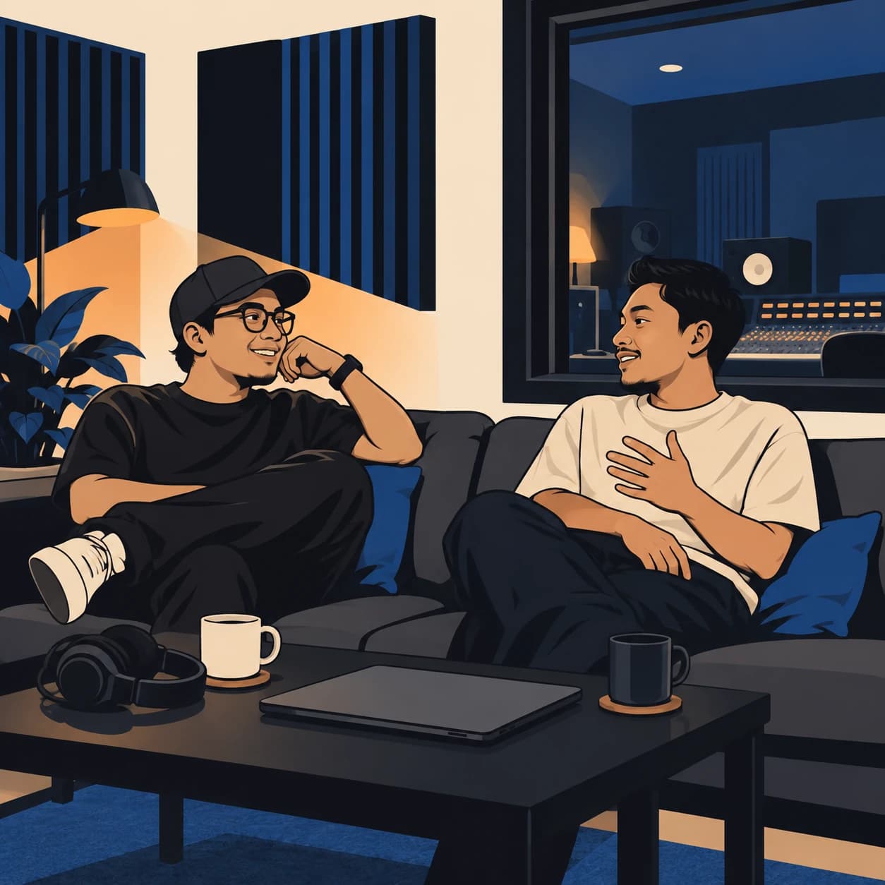 Two Malay friends lepak in a studio lounge