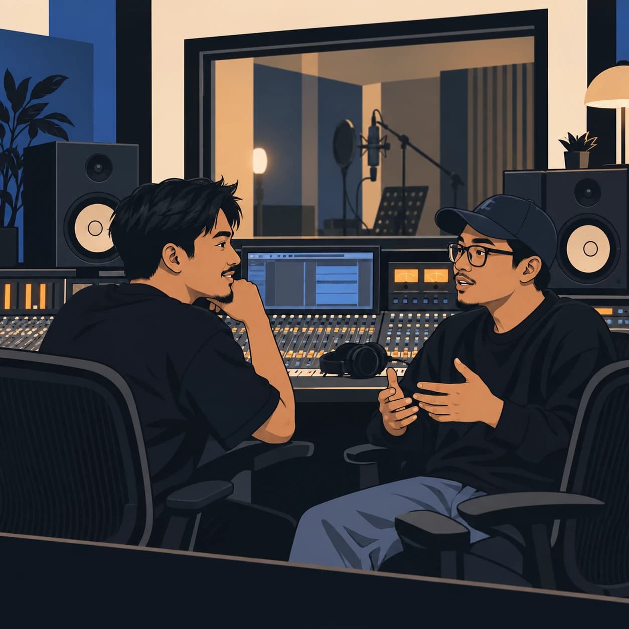 Two Malay friends talking in a studio control room